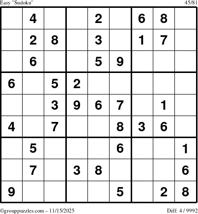 The grouppuzzles.com Easy Sudoku puzzle for Saturday November 15, 2025