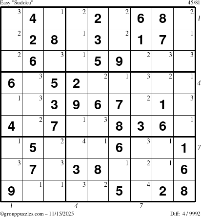 The grouppuzzles.com Easy Sudoku puzzle for Saturday November 15, 2025 with all 4 steps marked