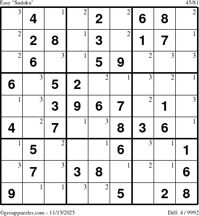 The grouppuzzles.com Easy Sudoku puzzle for Saturday November 15, 2025 with the first 3 steps marked