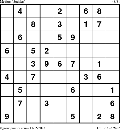 The grouppuzzles.com Medium Sudoku puzzle for Saturday November 15, 2025