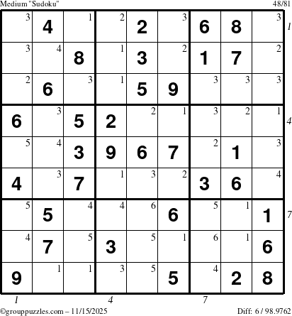 The grouppuzzles.com Medium Sudoku puzzle for Saturday November 15, 2025, suitable for printing, with all 6 steps marked