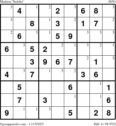 The grouppuzzles.com Medium Sudoku puzzle for Saturday November 15, 2025 with the first 3 steps marked