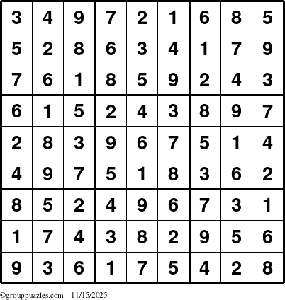 The grouppuzzles.com Answer grid for the Sudoku puzzle for Saturday November 15, 2025
