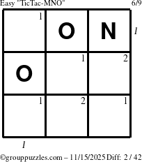 The grouppuzzles.com Easy TicTac-MNO puzzle for Saturday November 15, 2025, suitable for printing, with all 2 steps marked