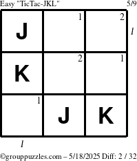The grouppuzzles.com Easy TicTac-JKL puzzle for Sunday May 18, 2025 with all 2 steps marked