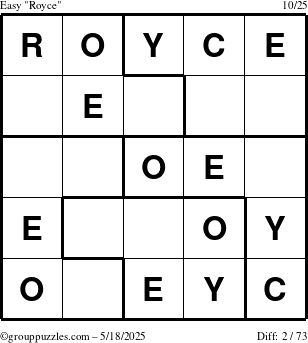 The grouppuzzles.com Easy Royce puzzle for Sunday May 18, 2025