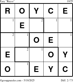 The grouppuzzles.com Easy Royce puzzle for Sunday May 18, 2025 with the first 2 steps marked