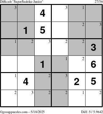 The grouppuzzles.com Difficult SuperSudoku-Junior puzzle for Sunday May 18, 2025 with the first 3 steps marked