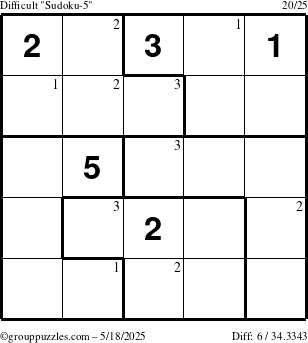 The grouppuzzles.com Difficult Sudoku-5 puzzle for Sunday May 18, 2025 with the first 3 steps marked