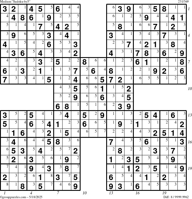 The grouppuzzles.com Medium Sudoku-by5 puzzle for Sunday May 18, 2025 with all 8 steps marked