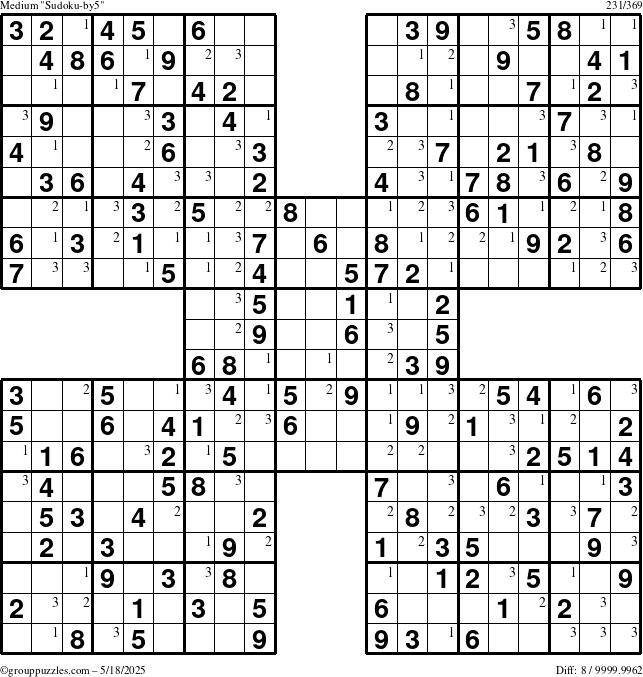 The grouppuzzles.com Medium Sudoku-by5 puzzle for Sunday May 18, 2025 with the first 3 steps marked