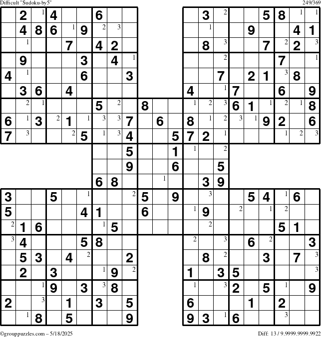The grouppuzzles.com Difficult Sudoku-by5 puzzle for Sunday May 18, 2025 with the first 3 steps marked