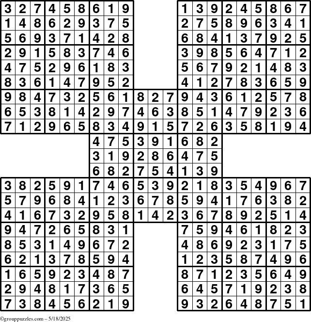The grouppuzzles.com Answer grid for the Sudoku-by5 puzzle for Sunday May 18, 2025
