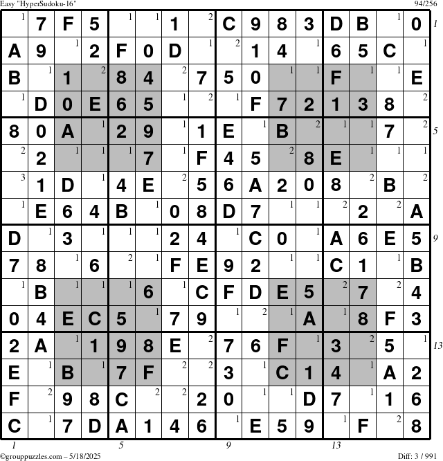 The grouppuzzles.com Easy HyperSudoku-16 puzzle for Sunday May 18, 2025 with all 3 steps marked