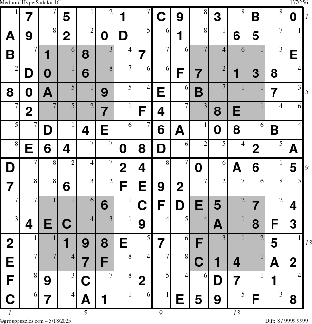 The grouppuzzles.com Medium HyperSudoku-16 puzzle for Sunday May 18, 2025, suitable for printing, with all 8 steps marked
