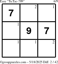 The grouppuzzles.com Easy TicTac-789 puzzle for Sunday May 18, 2025 with the first 2 steps marked