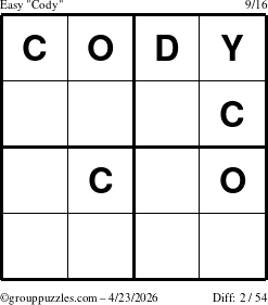 The grouppuzzles.com Easy Cody puzzle for Thursday April 23, 2026