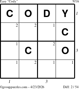 The grouppuzzles.com Easy Cody puzzle for Thursday April 23, 2026 with all 2 steps marked