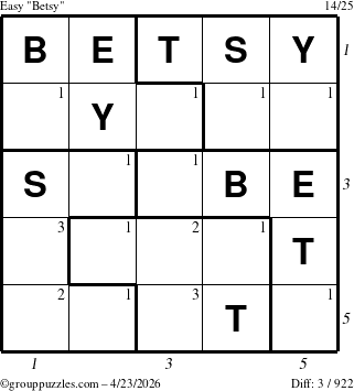 The grouppuzzles.com Easy Betsy puzzle for Thursday April 23, 2026 with all 3 steps marked