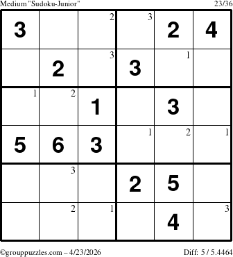The grouppuzzles.com Medium Sudoku-Junior puzzle for Thursday April 23, 2026 with the first 3 steps marked