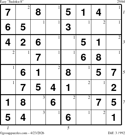 The grouppuzzles.com Easy Sudoku-8 puzzle for Thursday April 23, 2026, suitable for printing, with all 3 steps marked