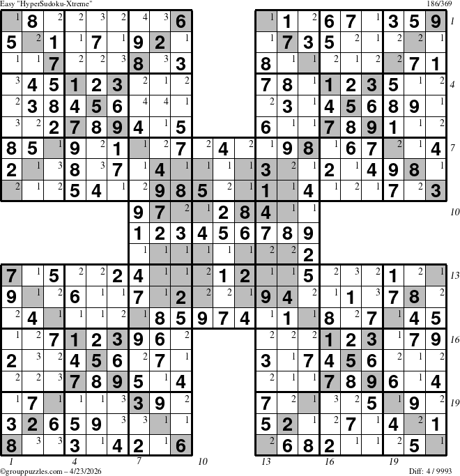 The grouppuzzles.com Easy cover-HyperXtreme puzzle for Thursday April 23, 2026, suitable for printing, with all 4 steps marked