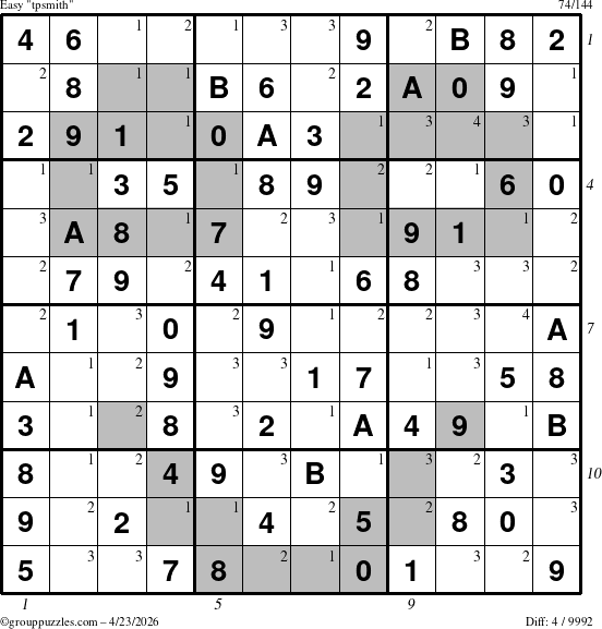 The grouppuzzles.com Easy tpsmith puzzle for Thursday April 23, 2026, suitable for printing, with all 4 steps marked