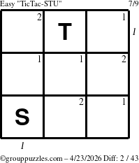 The grouppuzzles.com Easy TicTac-STU puzzle for Thursday April 23, 2026, suitable for printing, with all 2 steps marked
