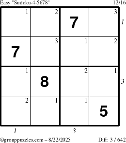 The grouppuzzles.com Easy Sudoku-4-5678 puzzle for Friday August 22, 2025 with all 3 steps marked