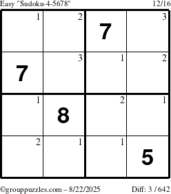The grouppuzzles.com Easy Sudoku-4-5678 puzzle for Friday August 22, 2025 with the first 3 steps marked