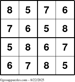The grouppuzzles.com Answer grid for the Sudoku-4-5678 puzzle for Friday August 22, 2025