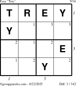 The grouppuzzles.com Easy Trey puzzle for Friday August 22, 2025 with all 3 steps marked