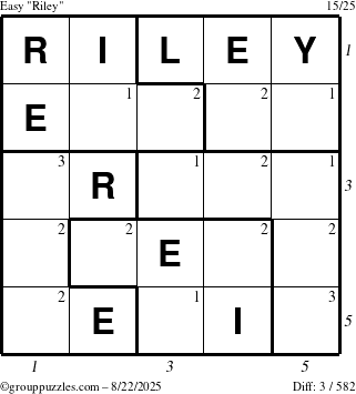 The grouppuzzles.com Easy Riley puzzle for Friday August 22, 2025, suitable for printing, with all 3 steps marked