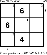 The grouppuzzles.com Easy TicTac-456 puzzle for Friday August 22, 2025, suitable for printing, with all 2 steps marked