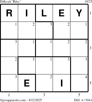 The grouppuzzles.com Difficult Riley puzzle for Friday August 22, 2025, suitable for printing, with all 4 steps marked