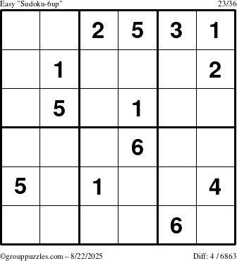 The grouppuzzles.com Easy Sudoku-6up puzzle for Friday August 22, 2025