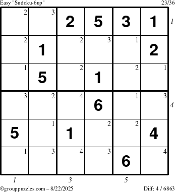 The grouppuzzles.com Easy Sudoku-6up puzzle for Friday August 22, 2025 with all 4 steps marked