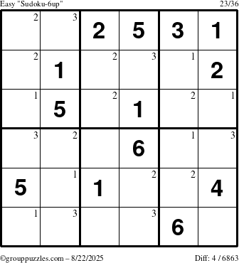 The grouppuzzles.com Easy Sudoku-6up puzzle for Friday August 22, 2025 with the first 3 steps marked