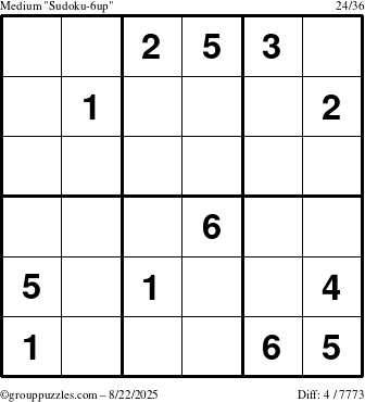The grouppuzzles.com Medium Sudoku-6up puzzle for Friday August 22, 2025