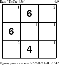 The grouppuzzles.com Easy TicTac-456 puzzle for Friday August 22, 2025 with the first 2 steps marked