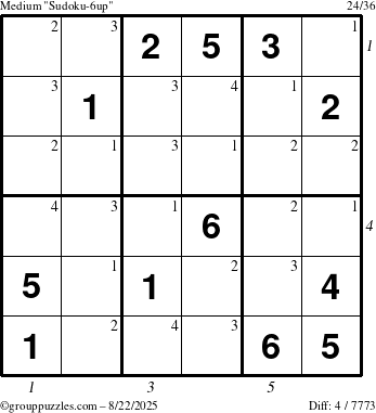 The grouppuzzles.com Medium Sudoku-6up puzzle for Friday August 22, 2025, suitable for printing, with all 4 steps marked
