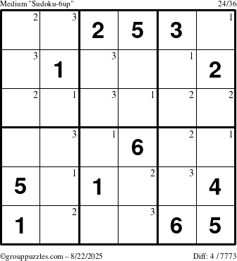The grouppuzzles.com Medium Sudoku-6up puzzle for Friday August 22, 2025 with the first 3 steps marked