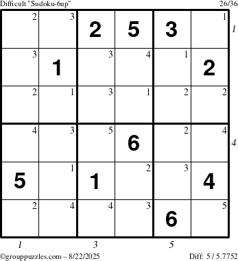 The grouppuzzles.com Difficult Sudoku-6up puzzle for Friday August 22, 2025 with all 5 steps marked