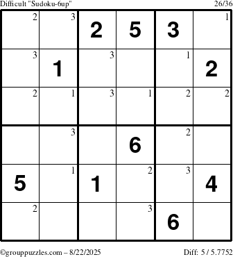 The grouppuzzles.com Difficult Sudoku-6up puzzle for Friday August 22, 2025 with the first 3 steps marked