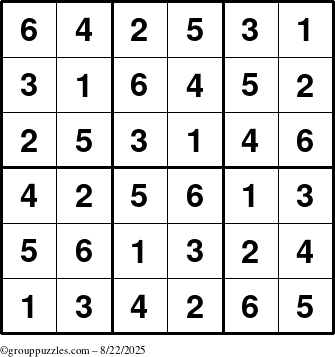 The grouppuzzles.com Answer grid for the Sudoku-6up puzzle for Friday August 22, 2025