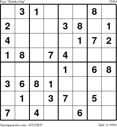The grouppuzzles.com Easy Sudoku-8up puzzle for Friday August 22, 2025