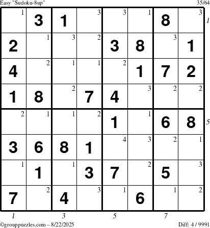 The grouppuzzles.com Easy Sudoku-8up puzzle for Friday August 22, 2025, suitable for printing, with all 4 steps marked