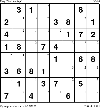 The grouppuzzles.com Easy Sudoku-8up puzzle for Friday August 22, 2025 with the first 3 steps marked