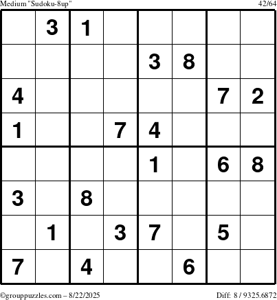 The grouppuzzles.com Medium Sudoku-8up puzzle for Friday August 22, 2025