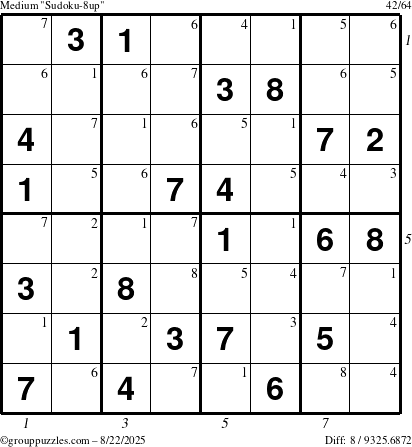 The grouppuzzles.com Medium Sudoku-8up puzzle for Friday August 22, 2025 with all 8 steps marked